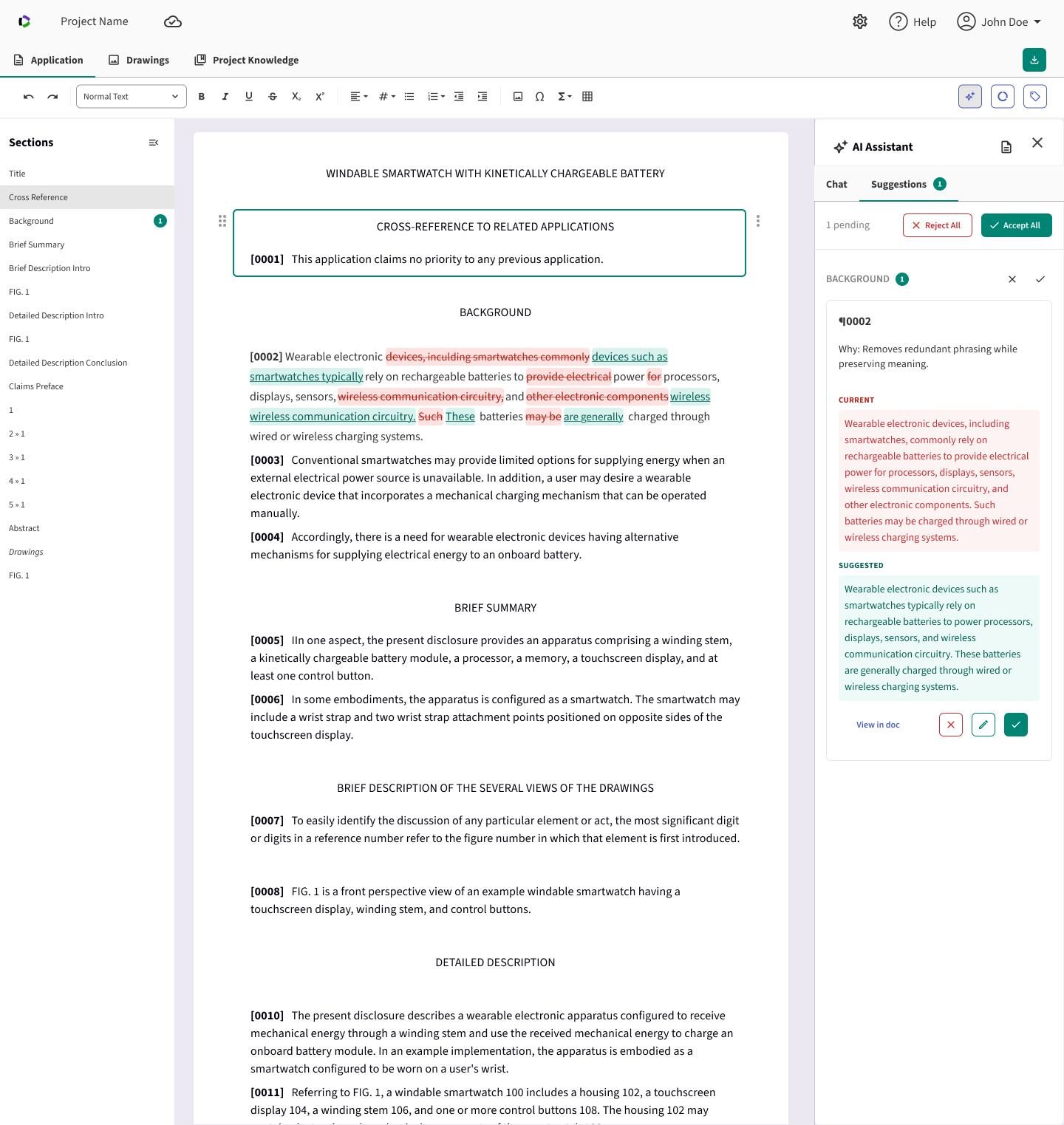 Agentic edit review showing tracked changes in the document alongside a suggestions panel with current and suggested text, and accept/reject controls