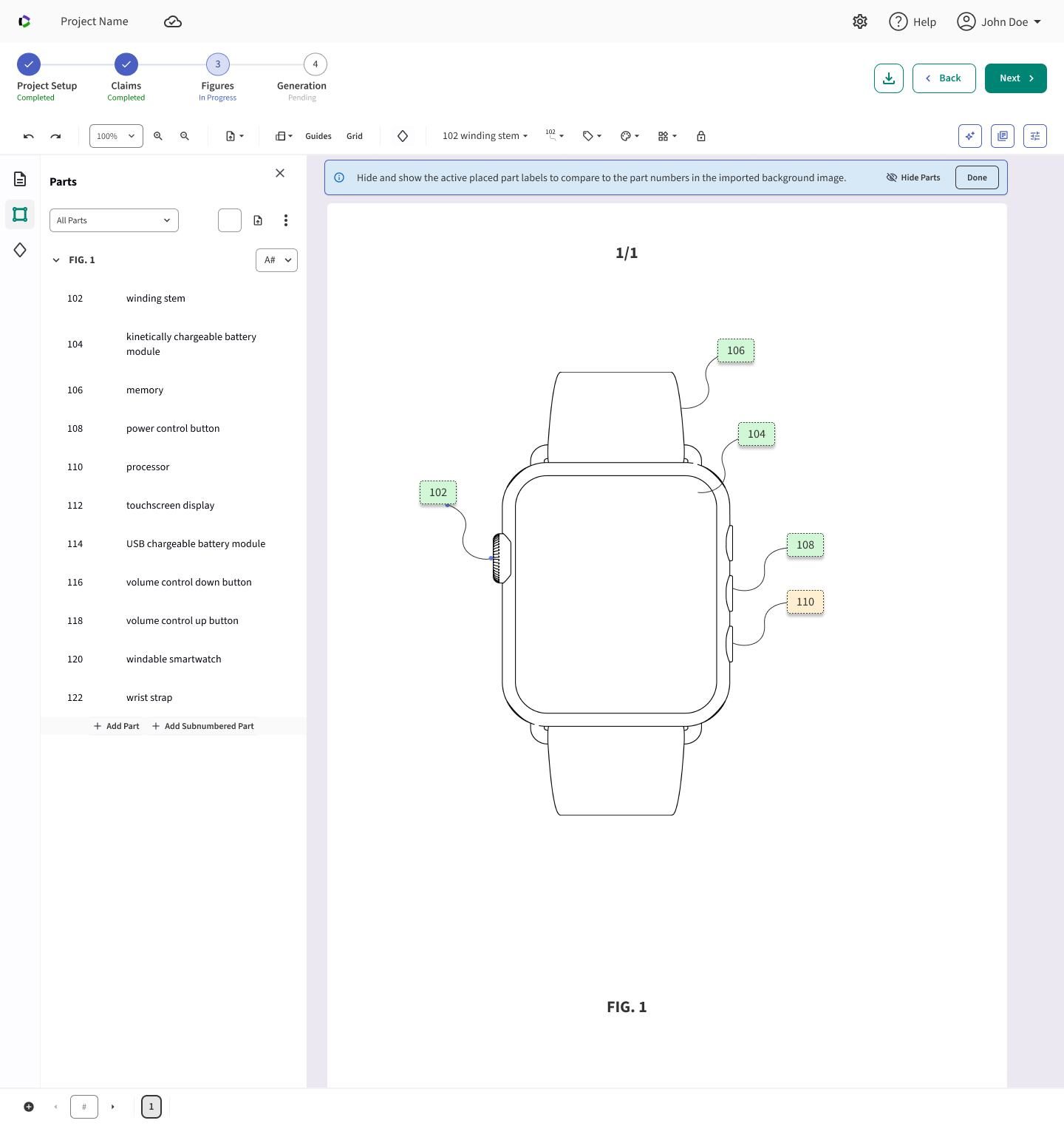 Figure editor showing a smartwatch drawing with numbered part labels (102, 104, 106, 108) placed from a shared parts list