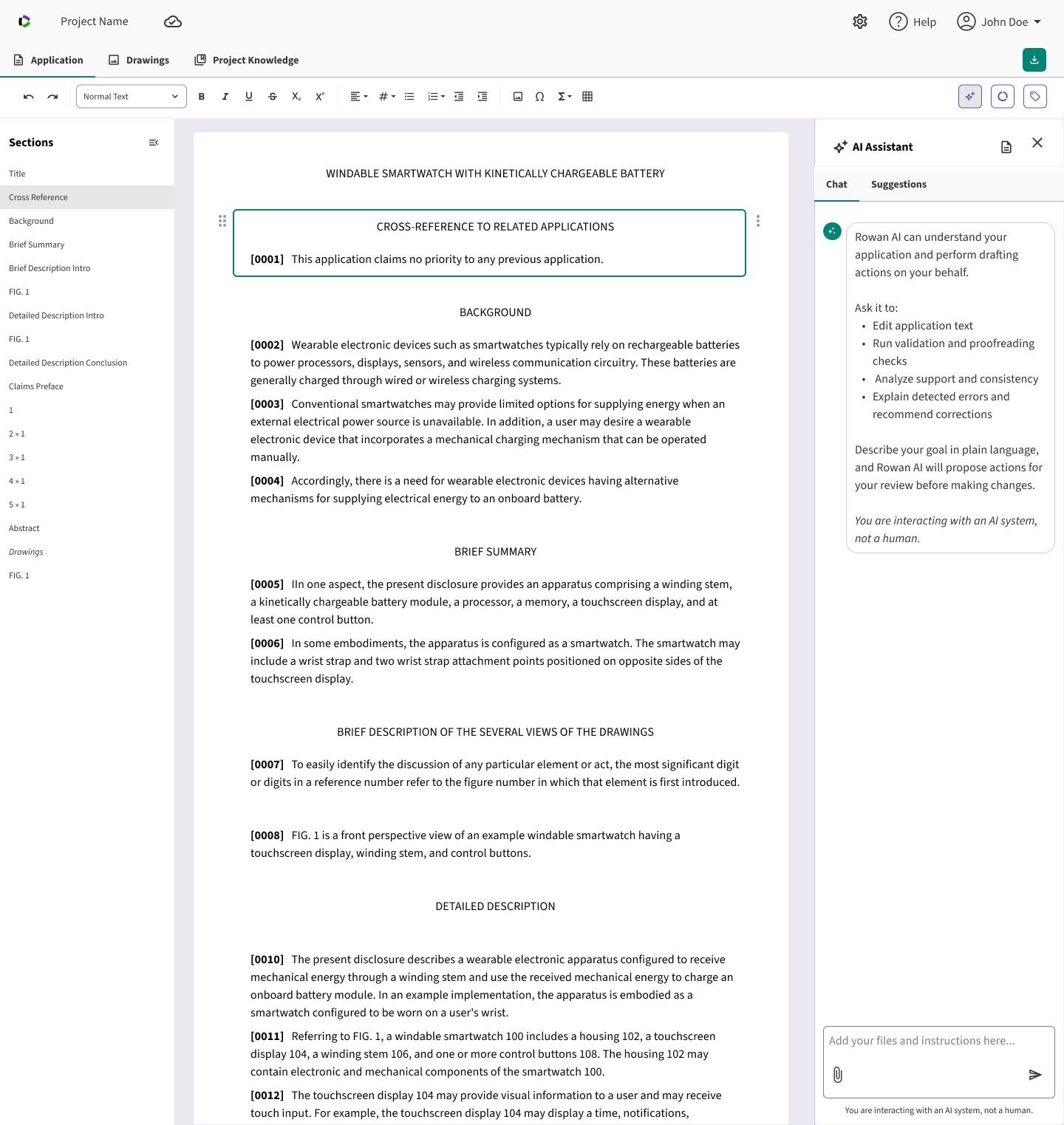 Generated patent specification in the main editor with section navigation on the left and an AI Assistant panel on the right