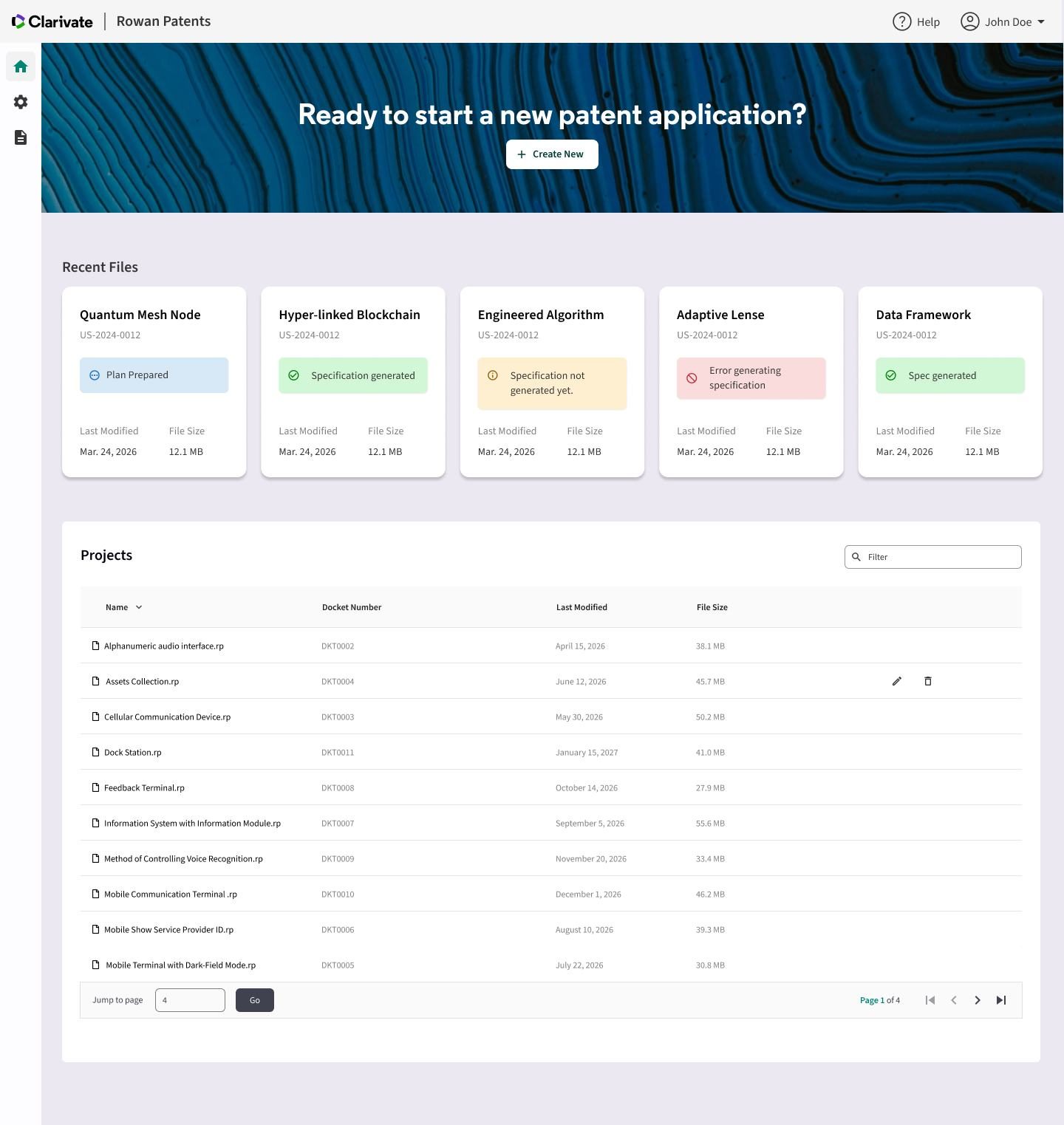 Rowan Cloud landing page showing recent files, project status badges, and a searchable projects table