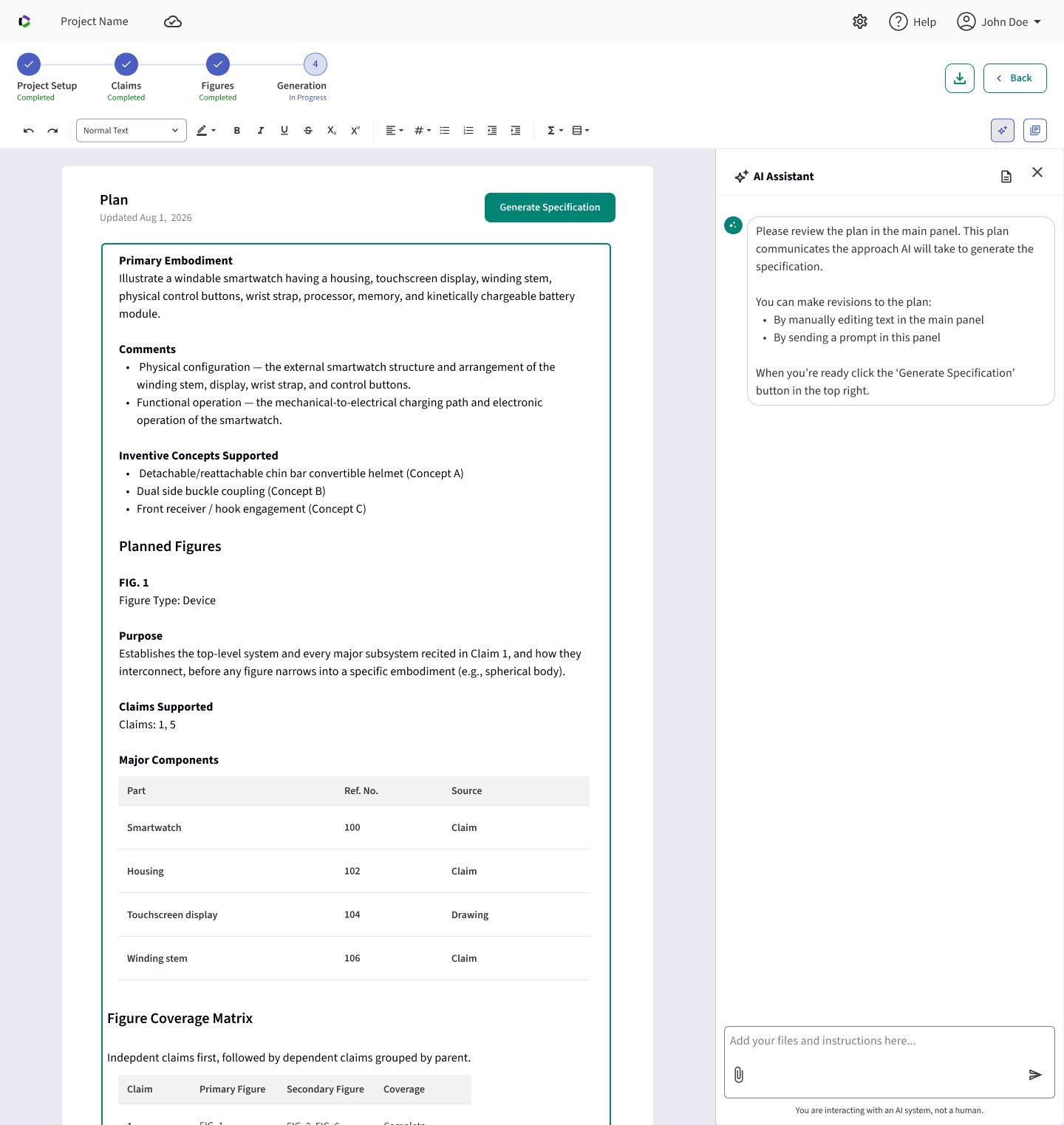 The Plan step showing a generated drafting plan alongside an AI Assistant panel explaining what the plan communicates and how to revise it