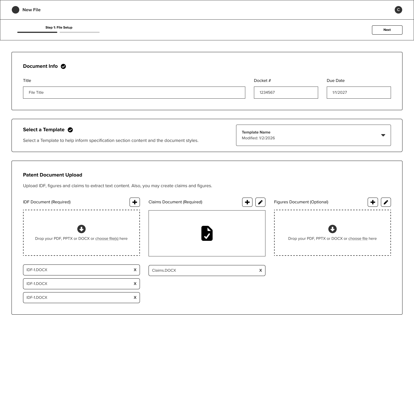 Version 1 wireframe of the New File screen with document info, template selection, and IDF, claims, and figures upload