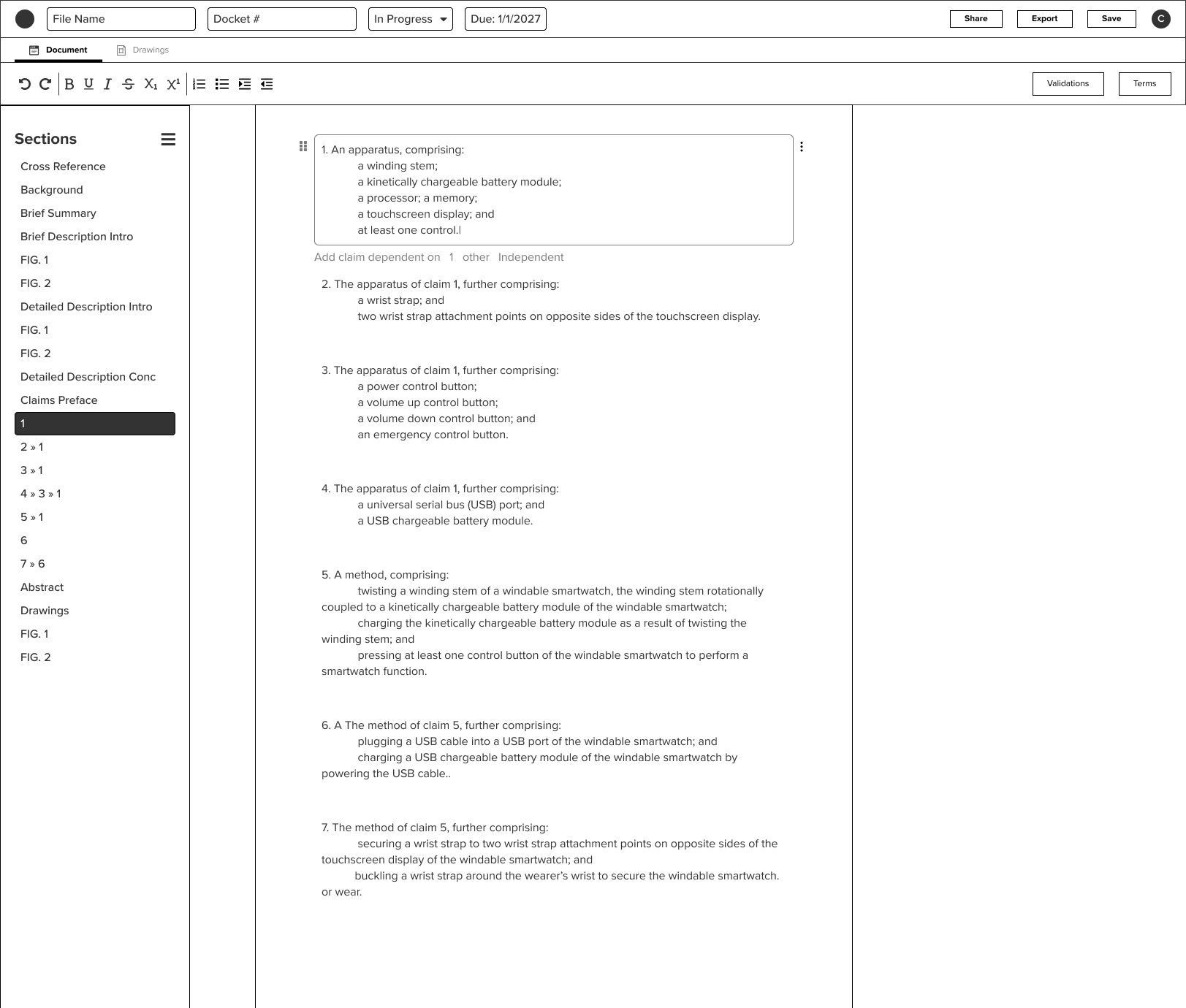 Version 1 wireframe of the generated file workspace with a document editor, claims sections list, and file status