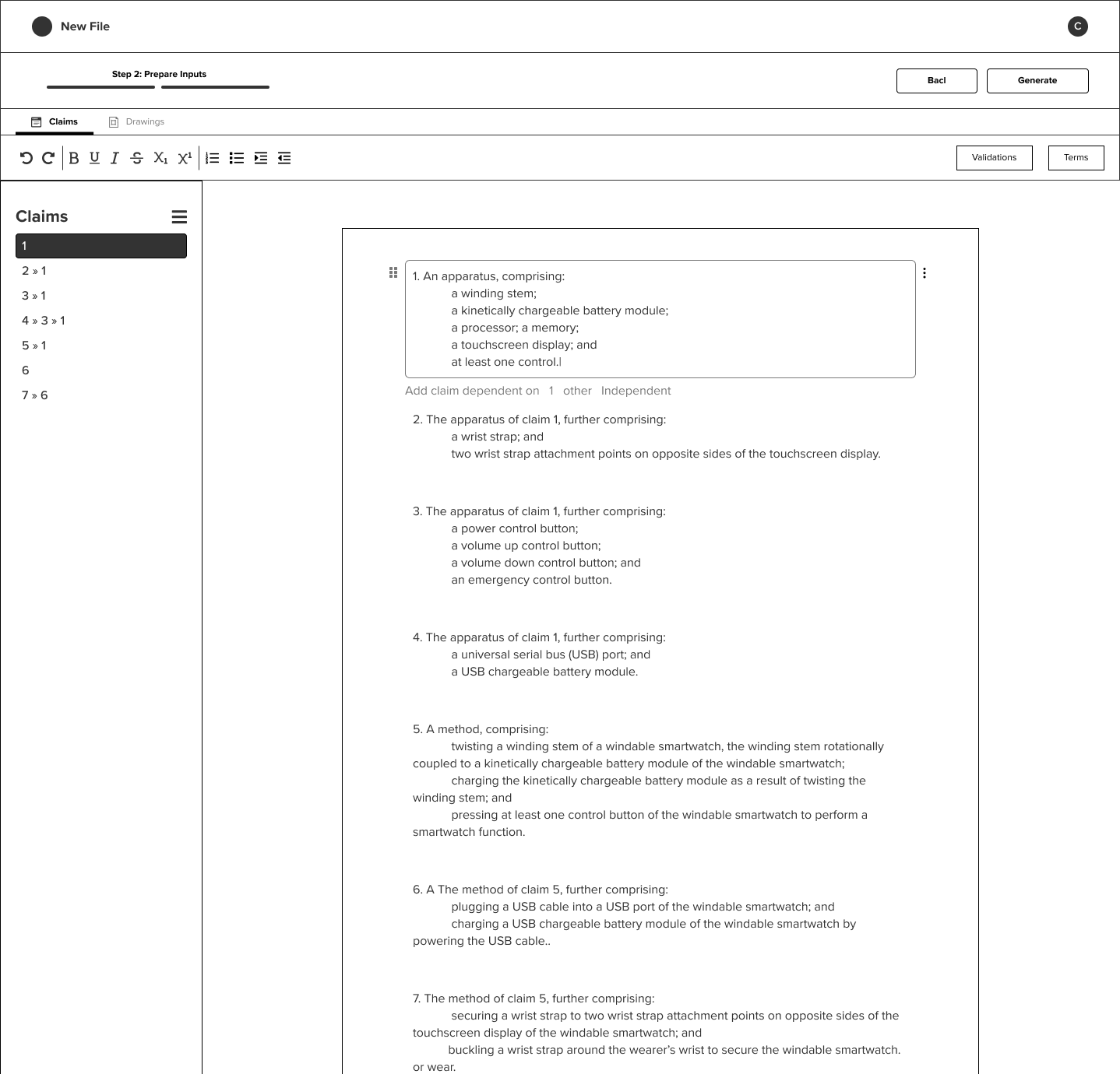 Version 1 wireframe of the Prepare Inputs step showing the claims editor with a sections list and claim dependency structure