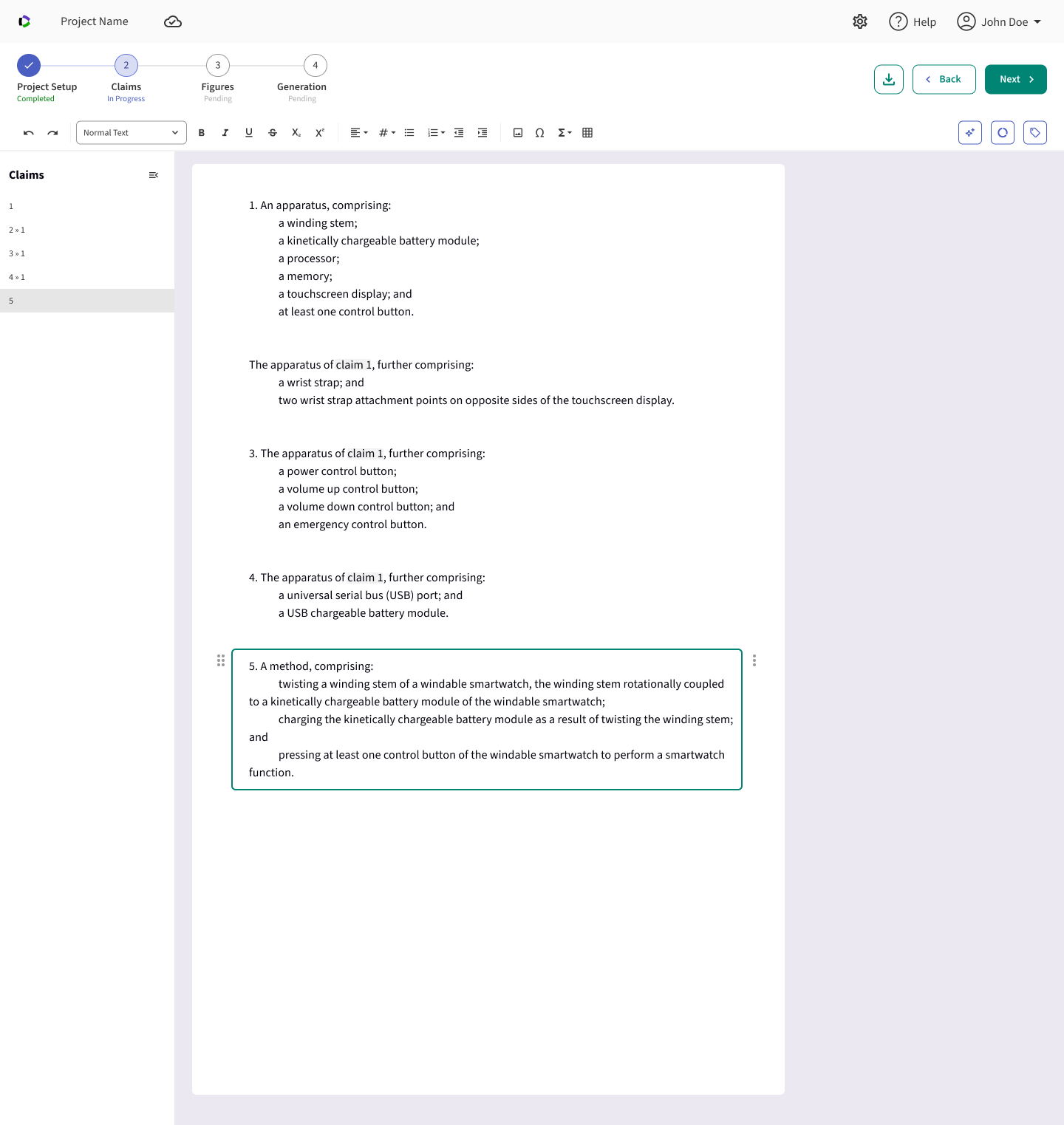 Claims editor showing a numbered list of independent and dependent claims with claim 5 selected for editing