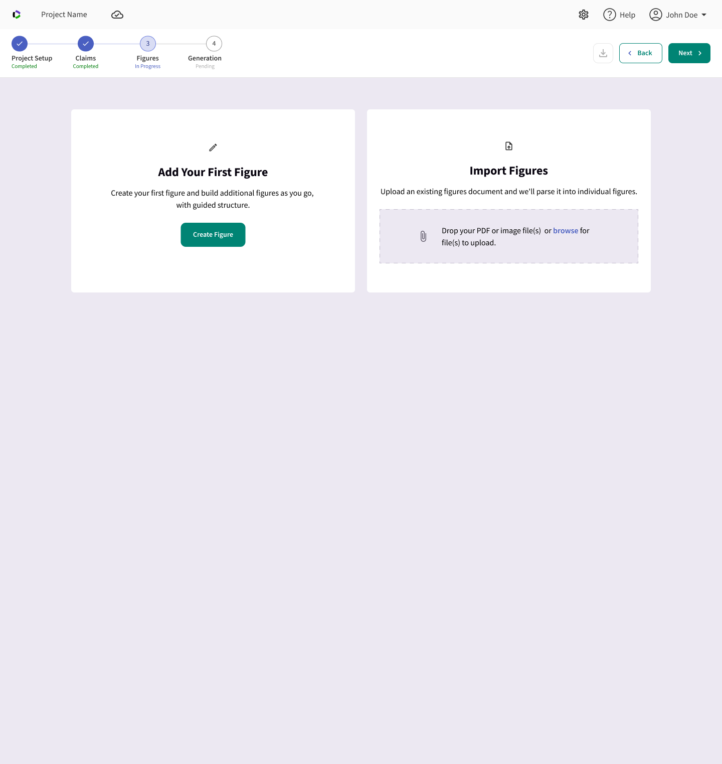 Figures step with two options: Add Your First Figure with guided structure, or Import Figures by uploading a PDF or image files to be parsed