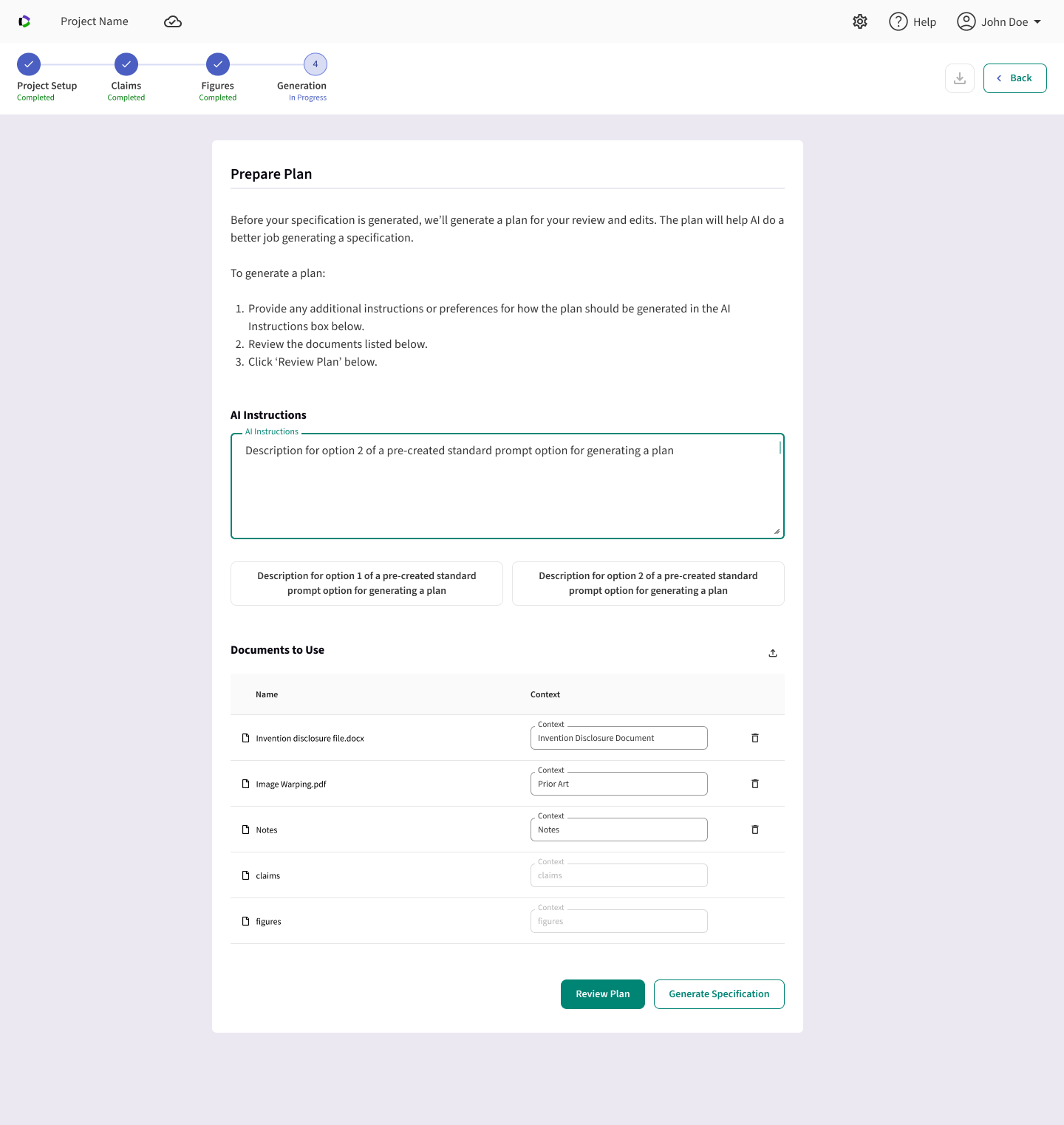 Prepare Plan screen with AI instructions, pre-created prompt options, and a list of documents to use for plan generation