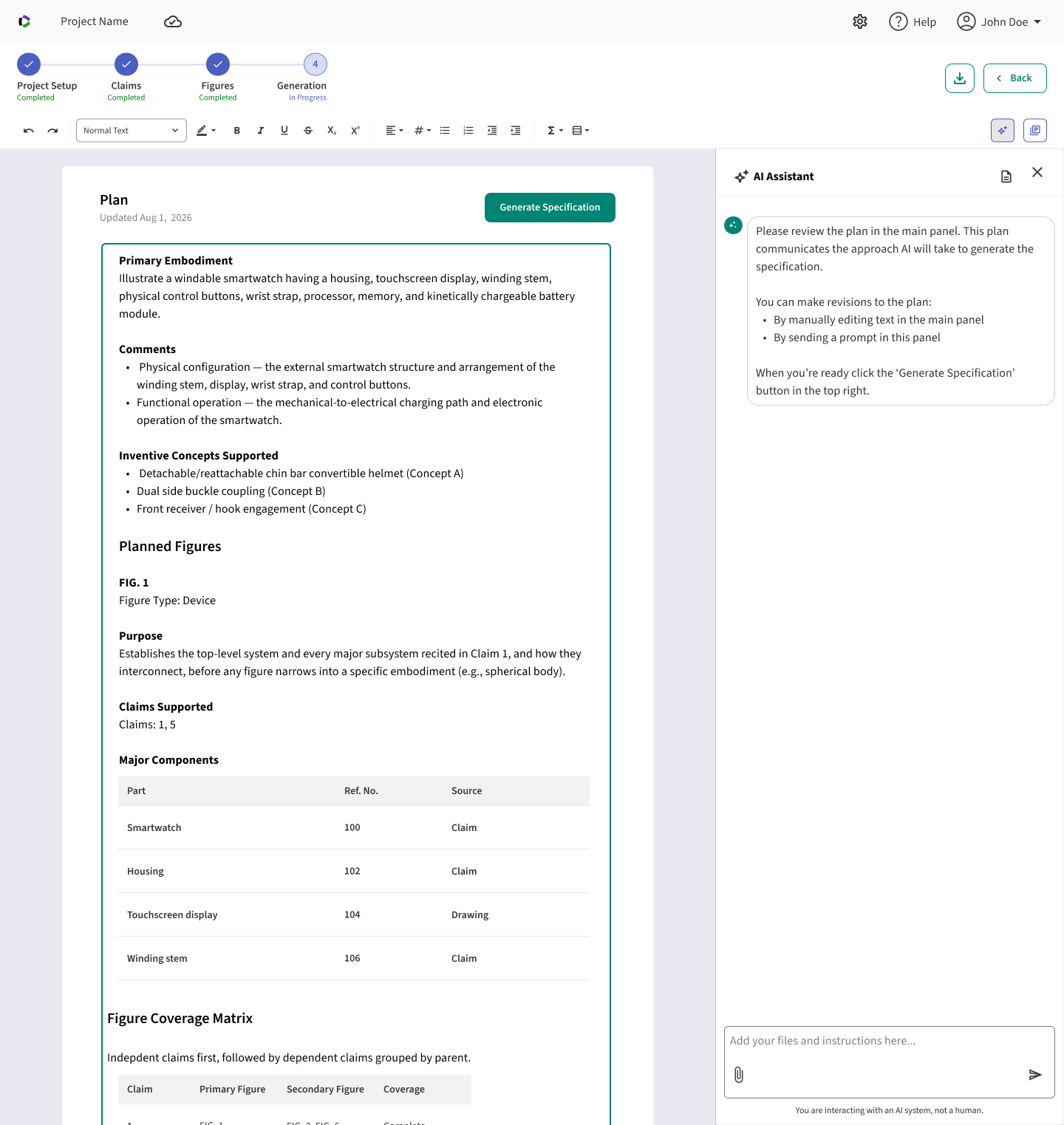 Editable plan document with primary embodiment, comments, inventive concepts, planned figures, and a figure coverage matrix, alongside an AI Assistant panel