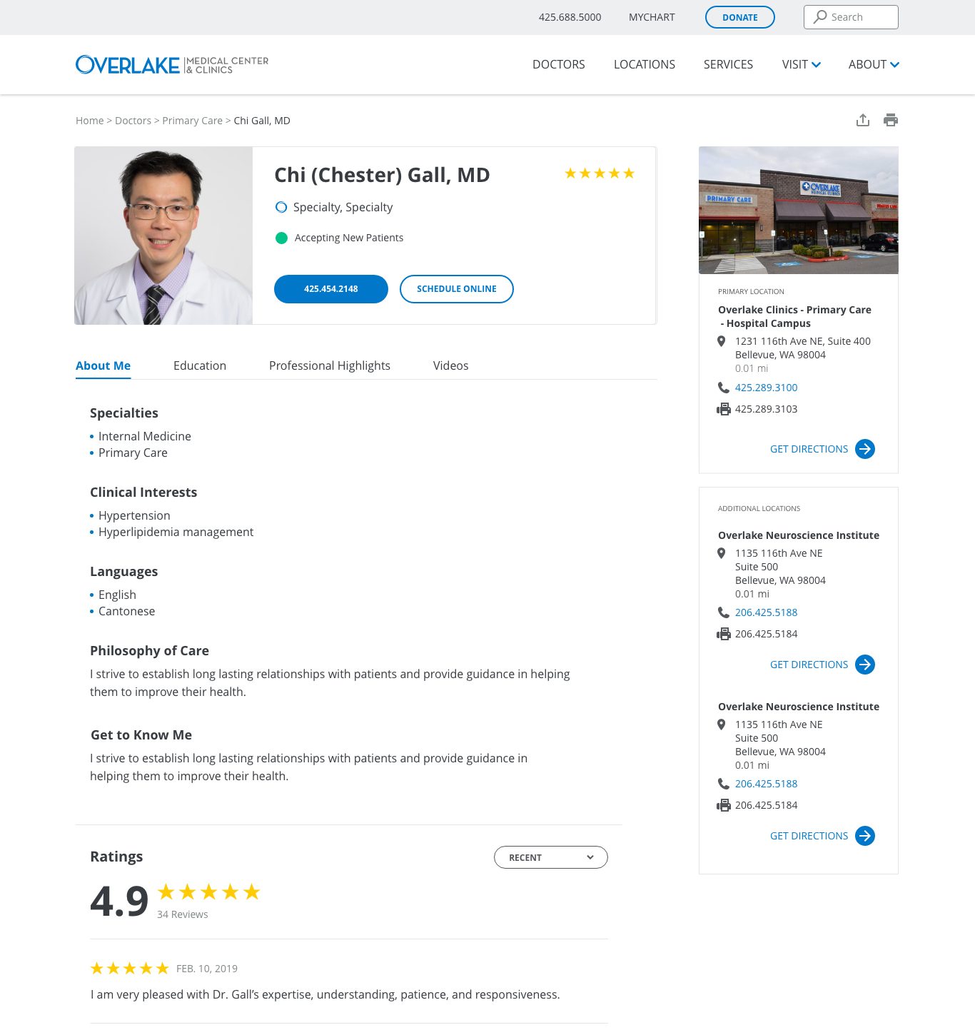 Final visual design of a doctor profile page with photo, specialties, ratings, reviews, and a locations map sidebar