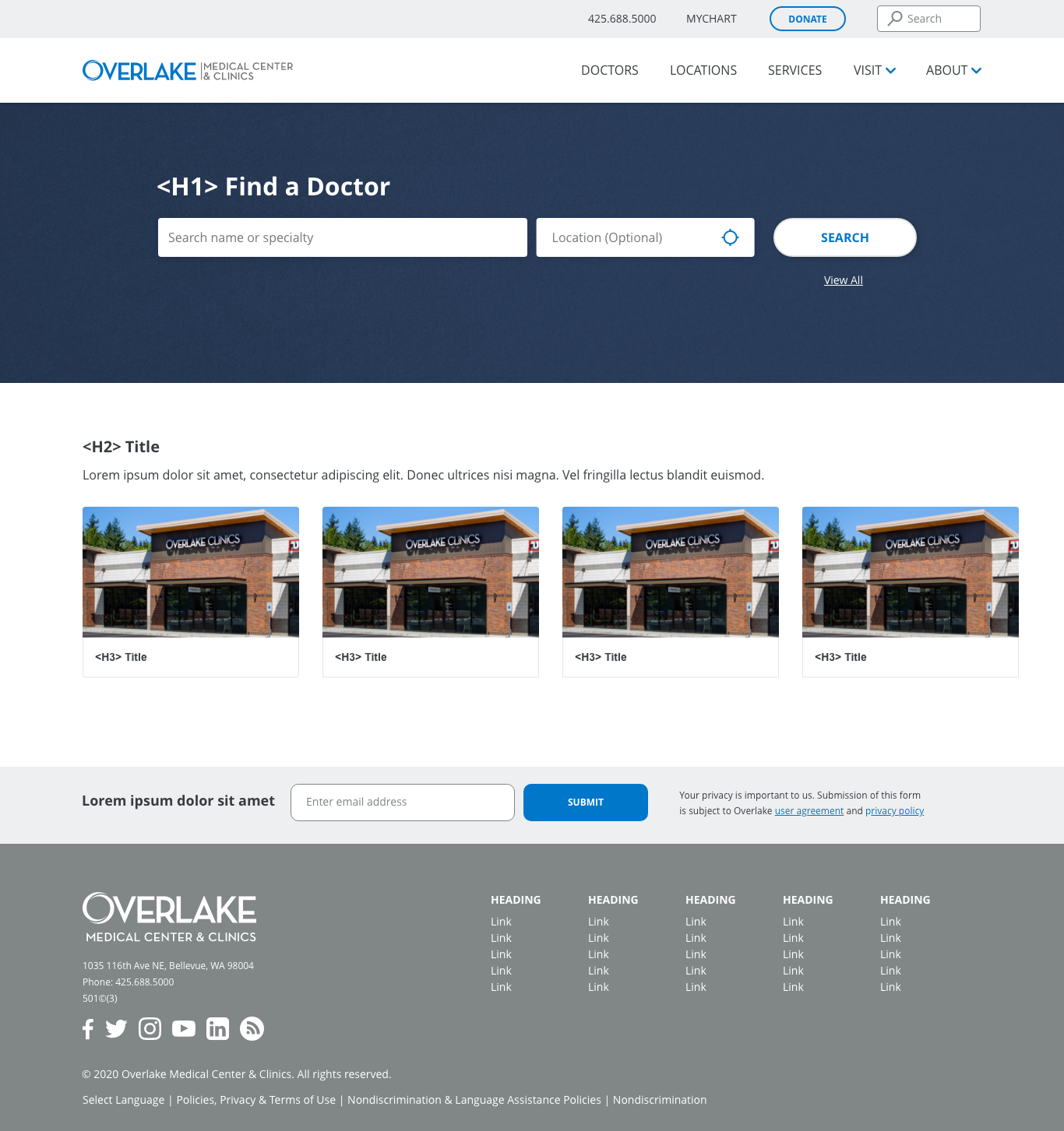 Final visual design of the Find a Doctor page with a navy hero, search bar, and a row of real Overlake Clinics photos