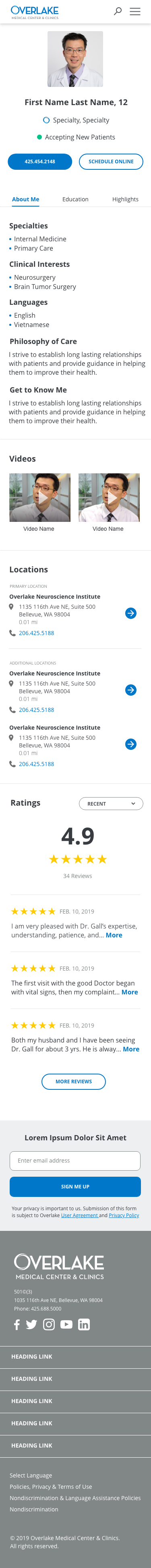 Final visual design of the mobile doctor profile page with photo, specialties, videos, locations, and ratings