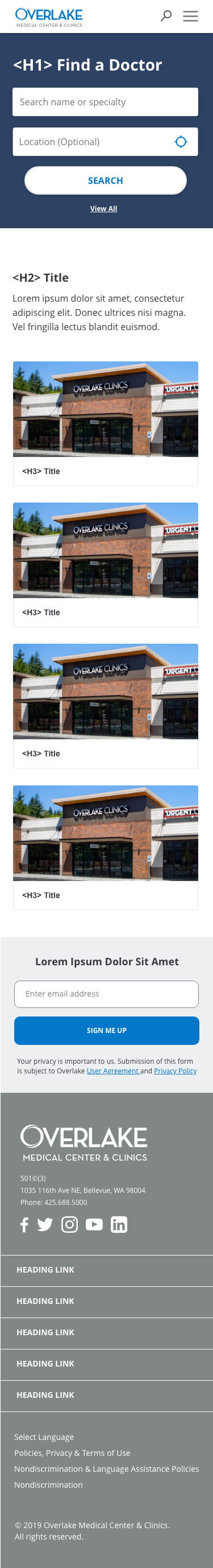 Final visual design of the mobile Find a Doctor page with a navy hero, stacked search fields, and real Overlake Clinics photos