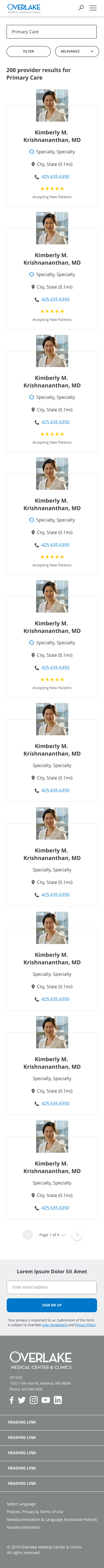 Final visual design of the mobile search results page with stacked doctor cards showing photo, specialty, location, phone, and rating