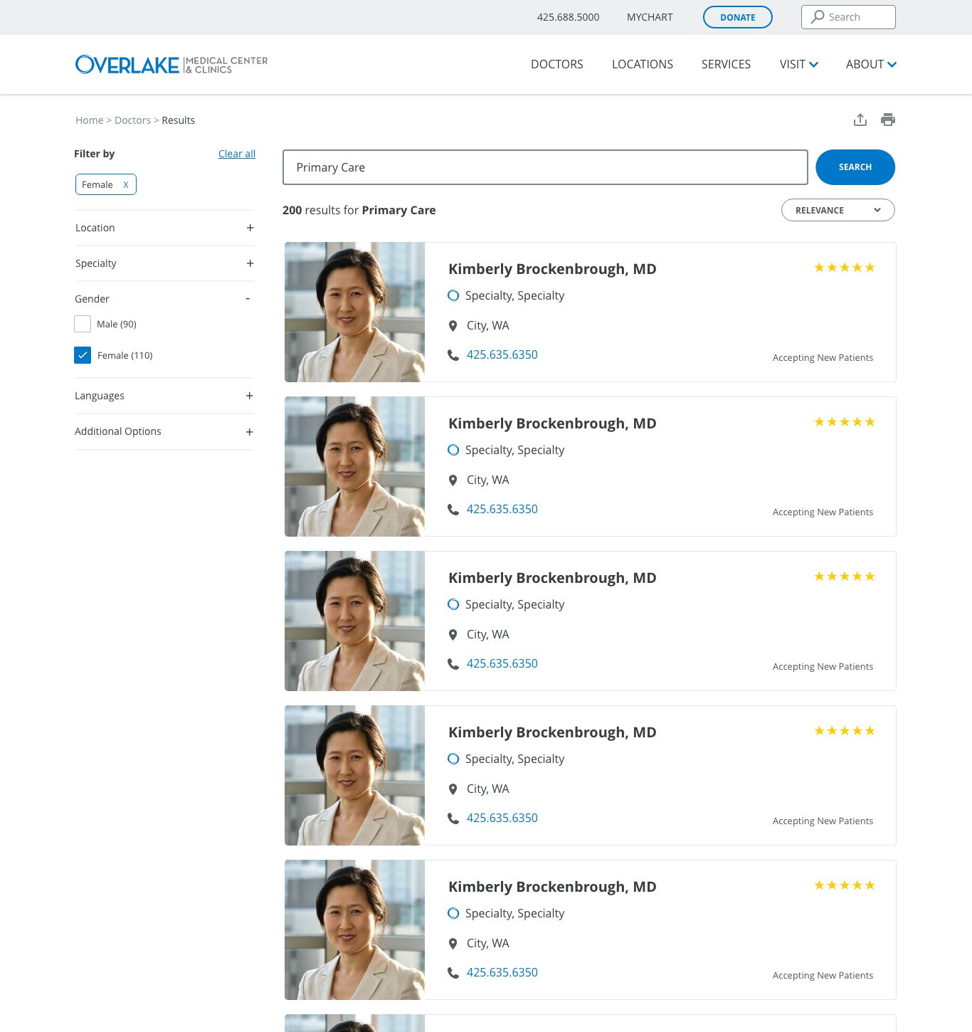 Final visual design of the search results page, showing a single-column list of doctor cards with photo, specialty, location, and phone