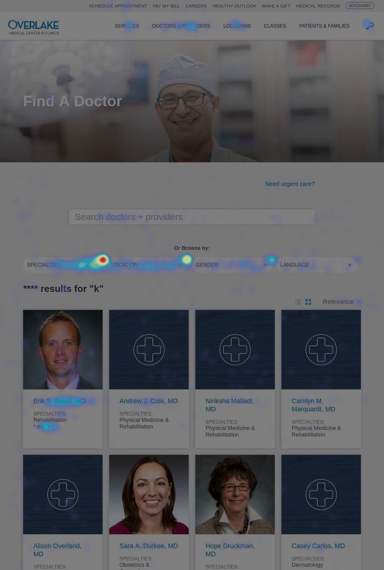 Heatmap overlay on the old Find a Doctor search results page, showing scattered attention across specialty filters and result cards