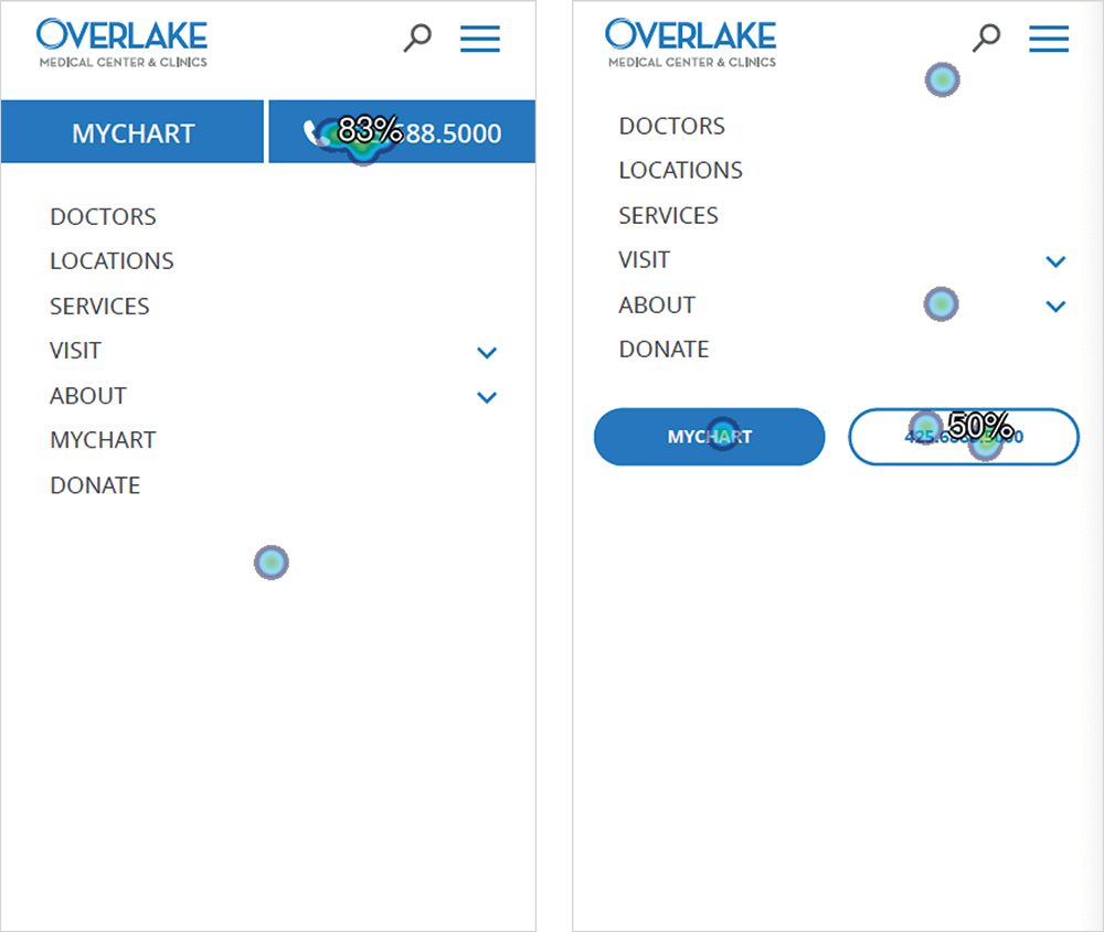 Click-map results comparing two mobile navigation menu options, showing where users clicked to find the phone number and MyChart