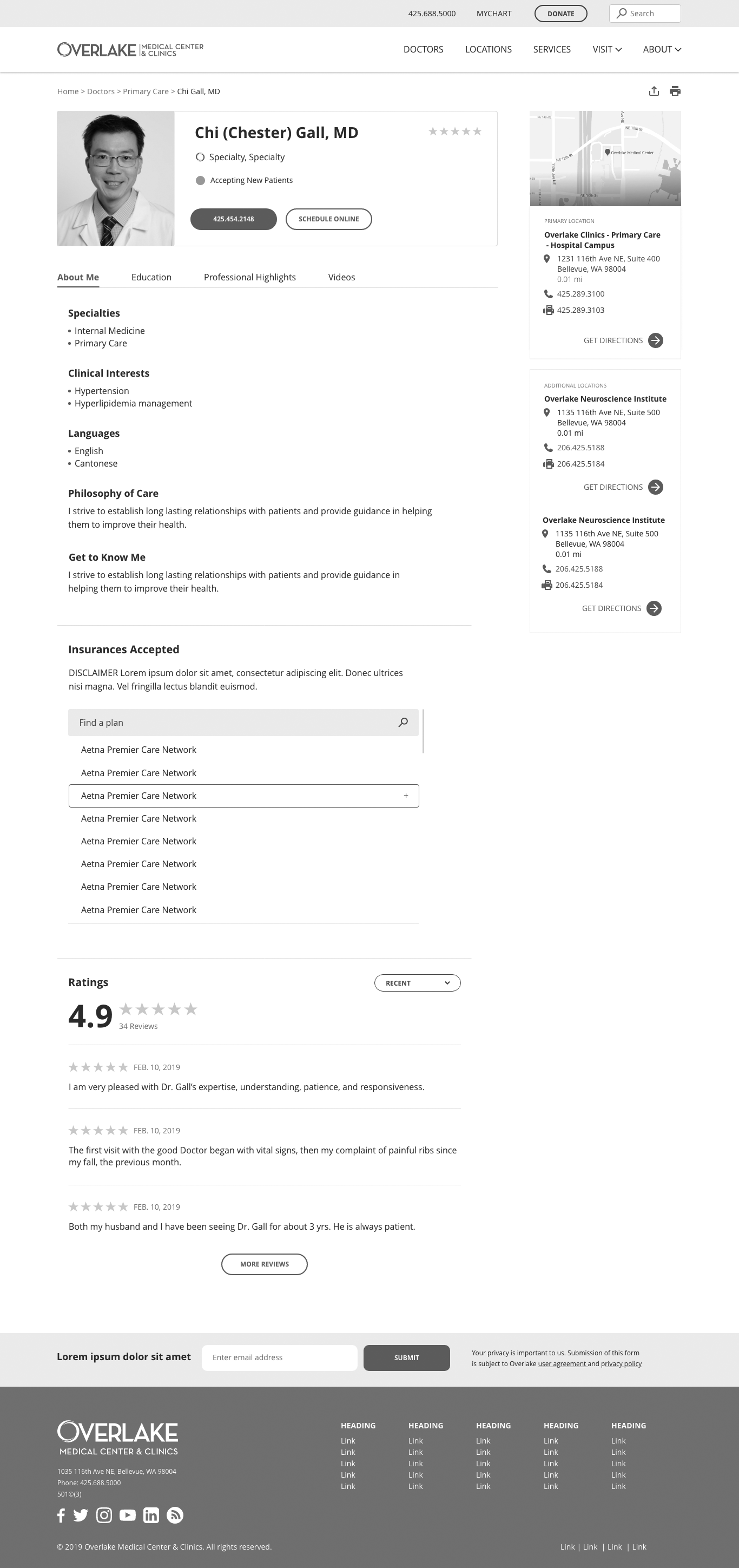 Version 1 desktop doctor profile with a rectangular photo, tabbed sections, specialties, insurances accepted list, and ratings