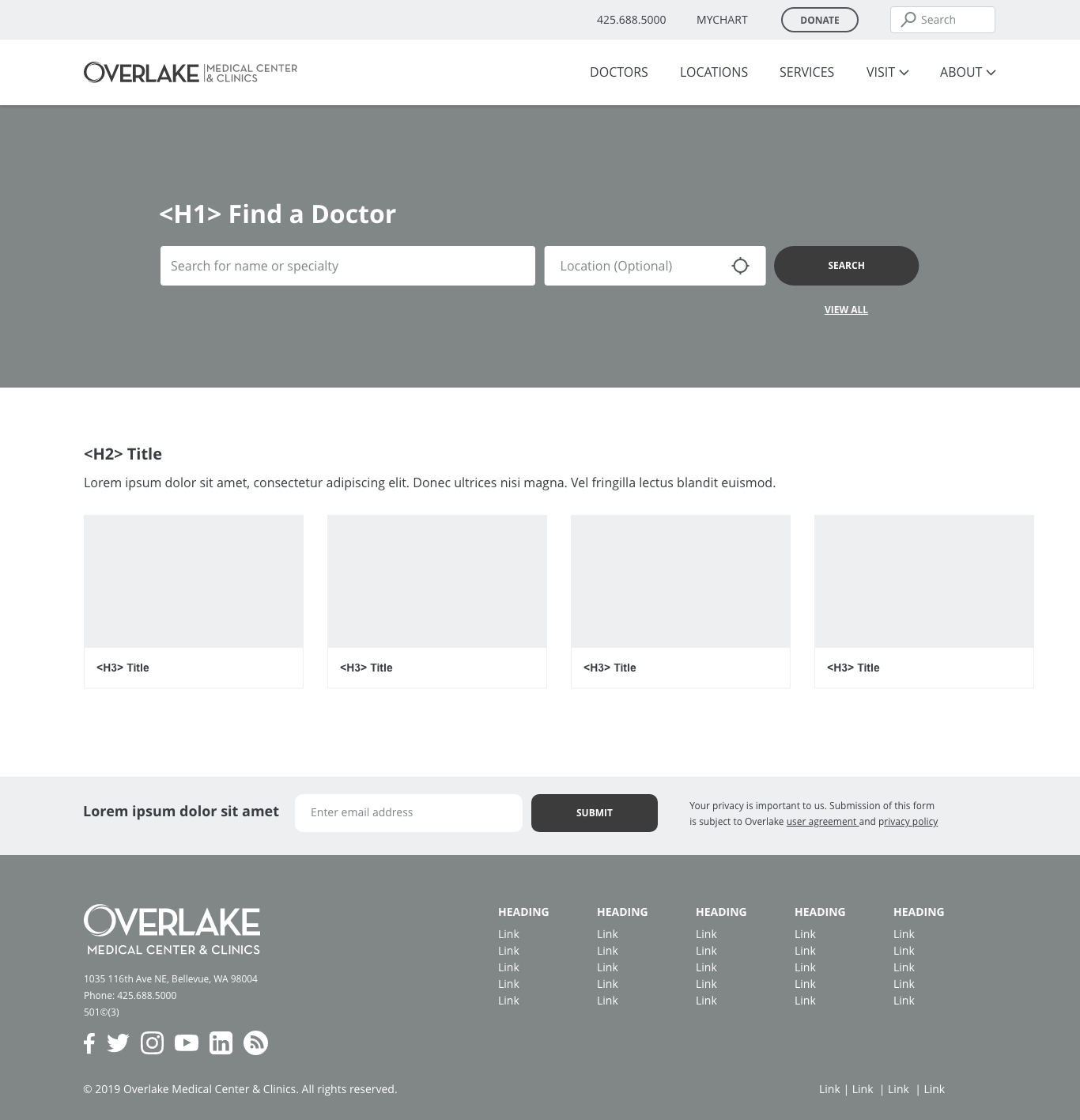 Version 1 desktop Find a Doctor page with a hero search bar over a dark image, followed by generic placeholder content sections