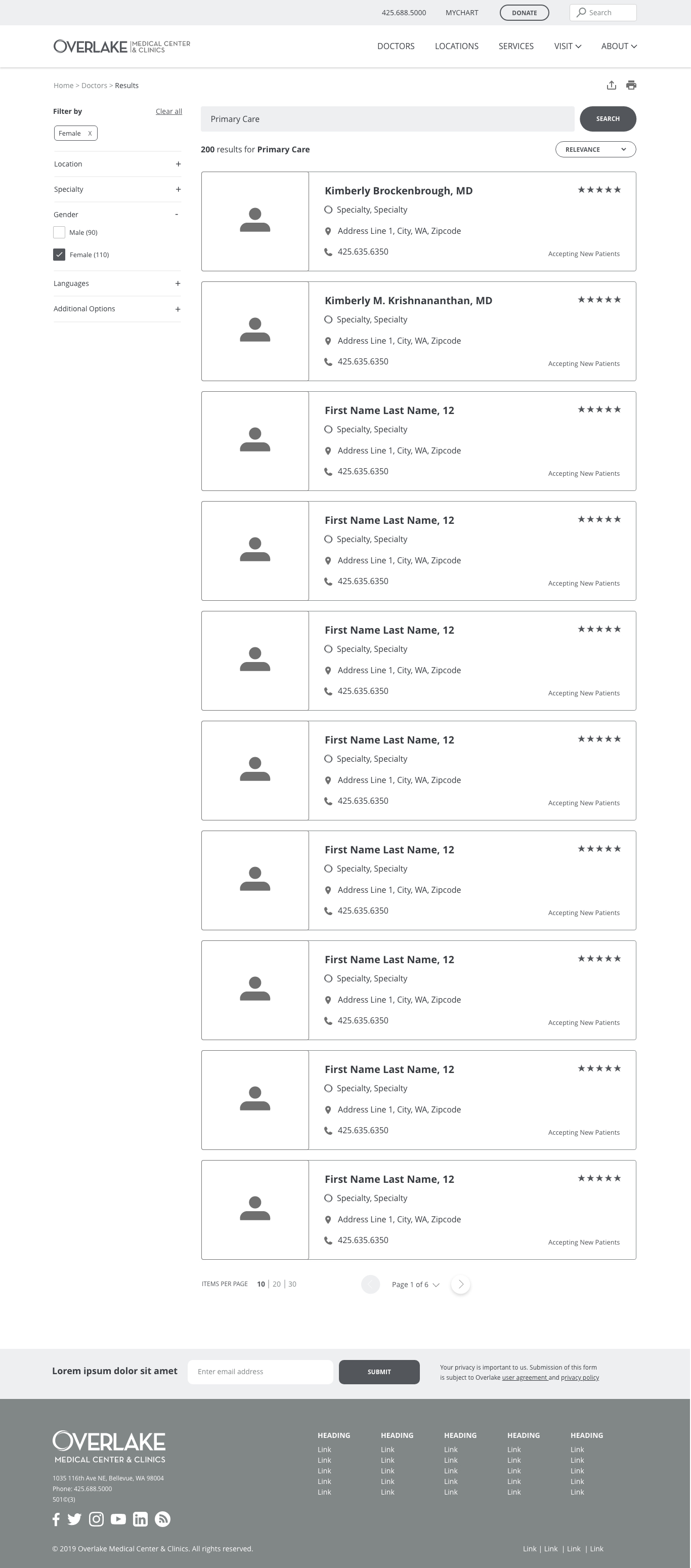 Version 1 desktop search results with a filter sidebar and a single-column list of doctor cards showing ratings at the top right