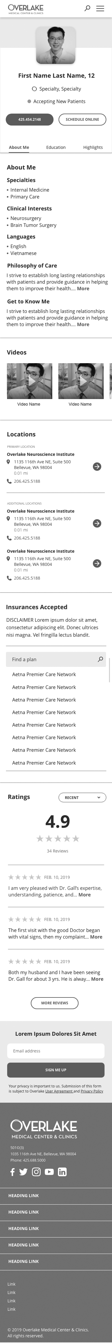 Version 1 mobile doctor profile with photo, tabs, specialties, clinical interests, videos, locations, and ratings