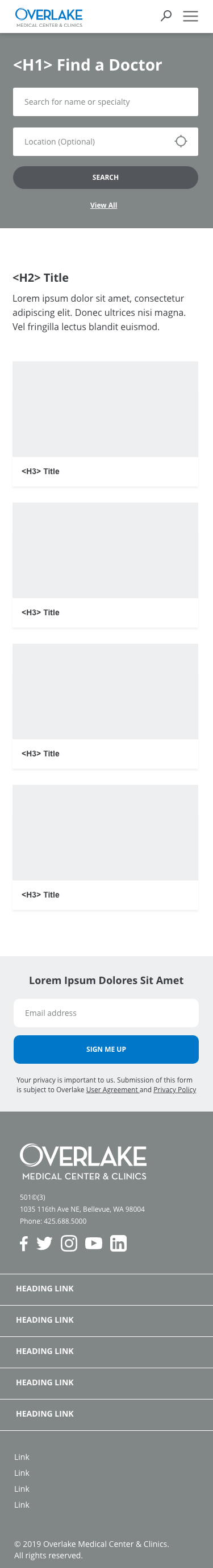 Version 1 mobile Find a Doctor page with stacked search fields and generic placeholder content sections