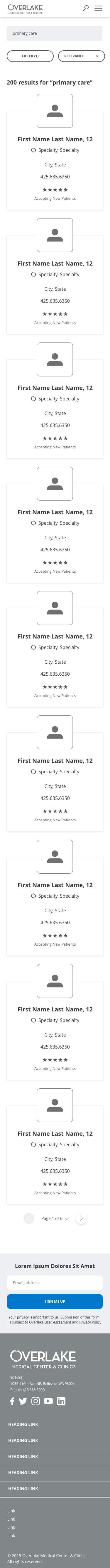 Version 1 mobile search results with filter and relevance controls above a vertically stacked list of doctor cards
