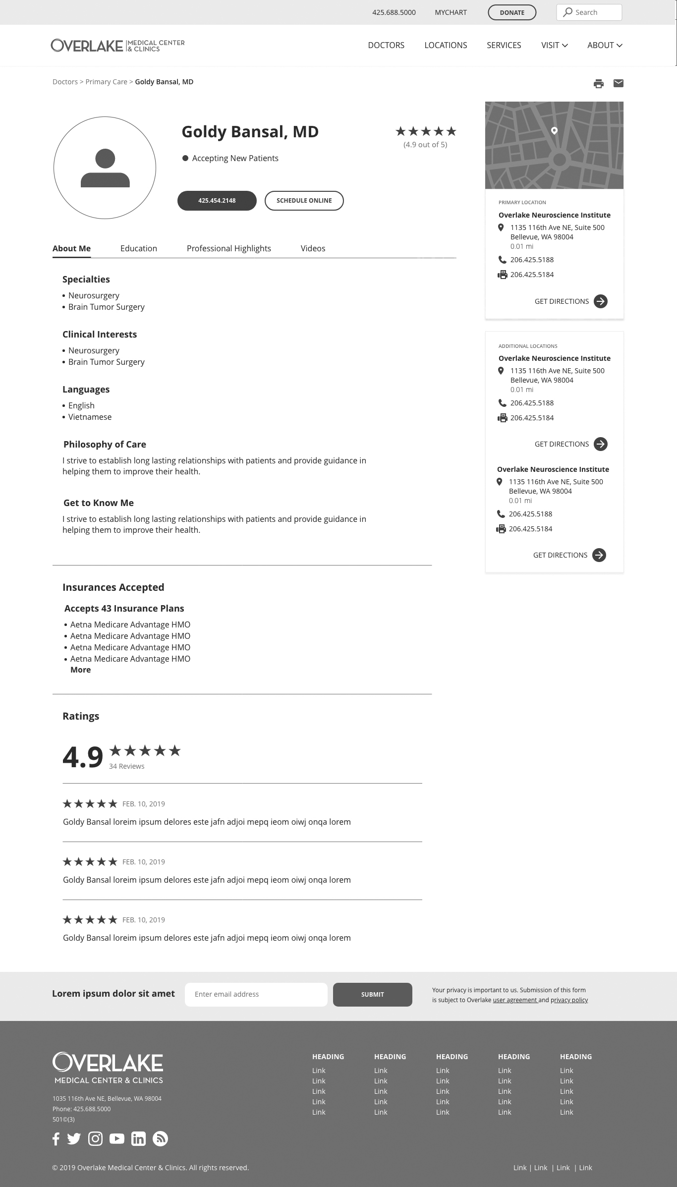 Version 2 desktop doctor profile with a circular photo, condensed insurances list, and the same tabbed sections as Version 1