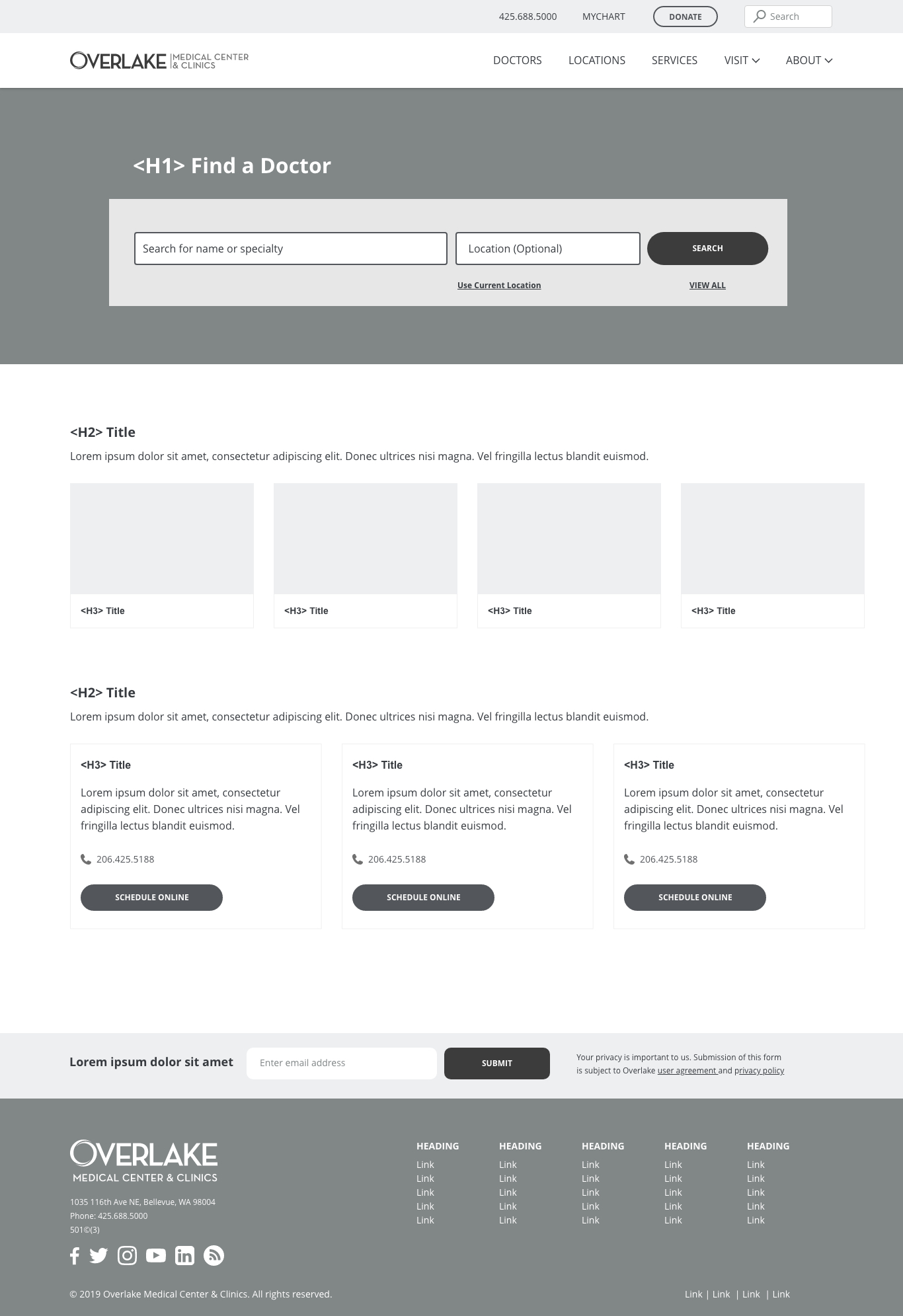 Version 2 desktop Find a Doctor page with a refined search card, Explore Services section, and New and Returning Patient scheduling cards