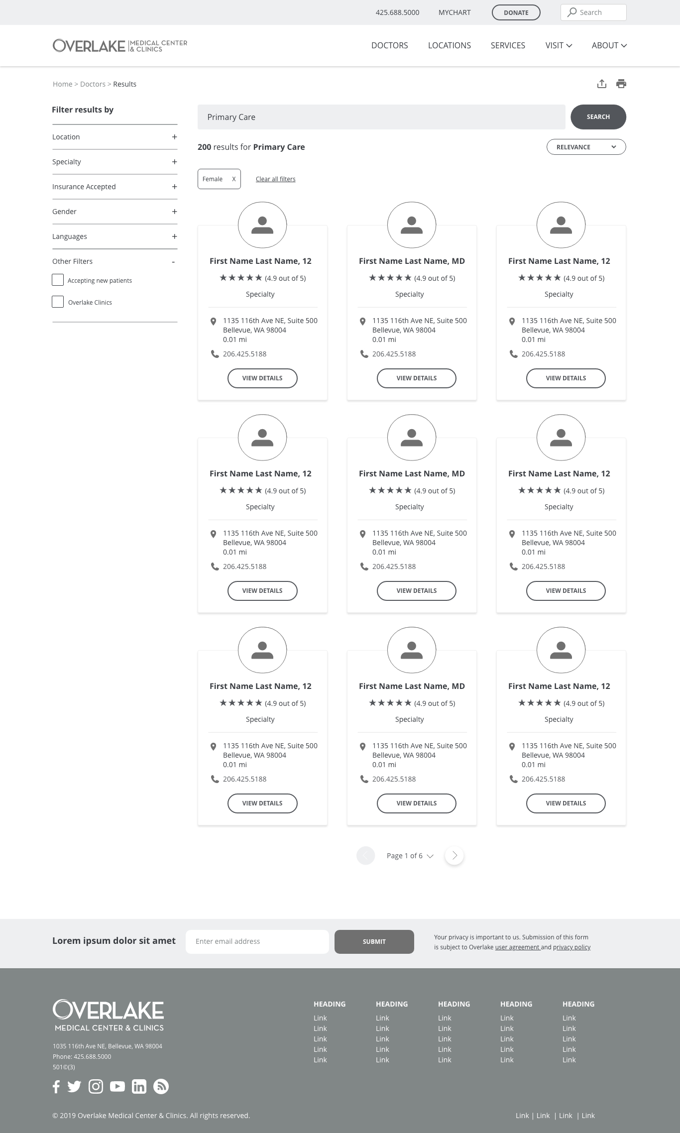 Version 2 desktop search results shown as a three-column grid of doctor cards with a View Details button on each