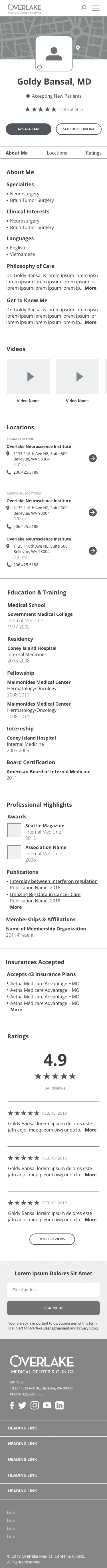 Version 2 mobile doctor profile with a sticky map header, tabs, education and training, professional highlights, and ratings
