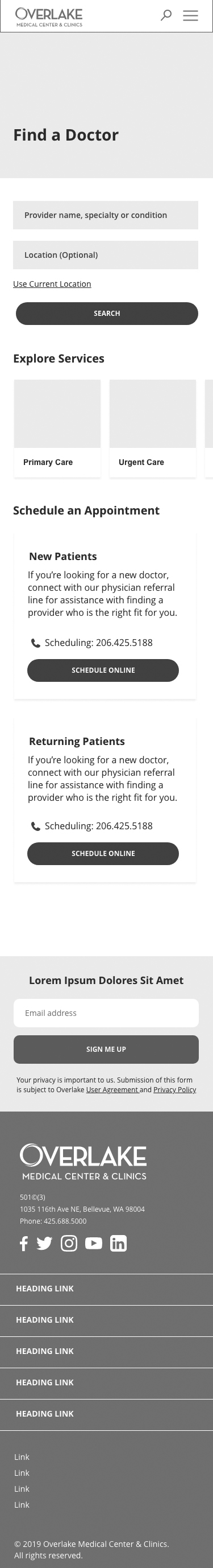 Version 2 mobile Find a Doctor page with Explore Services cards and New and Returning Patient scheduling cards