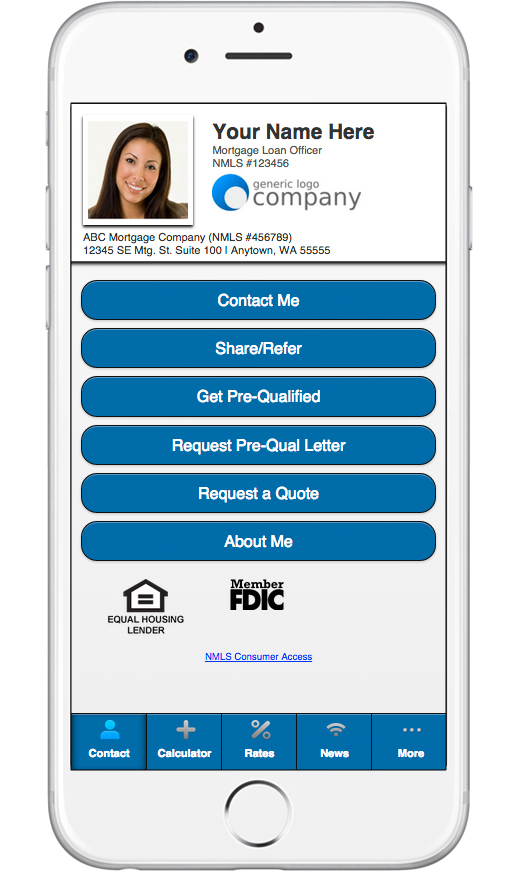 Legacy CardTapp app on a mobile phone mockup, showing a mortgage loan officer's profile with dated navy buttons stacked below a headshot and company logo