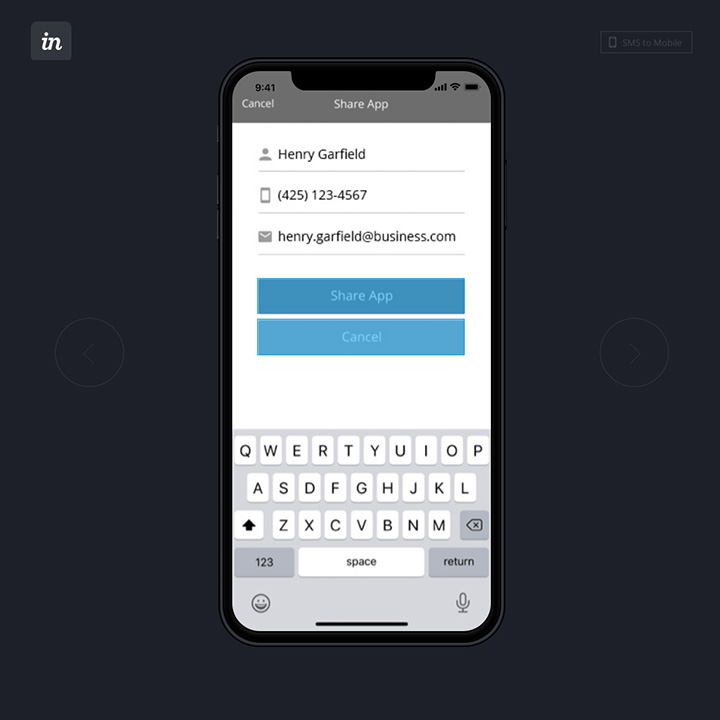 InVision clickable prototype of the Share App screen on a phone mockup, with the on-screen keyboard open for entering a recipient's info