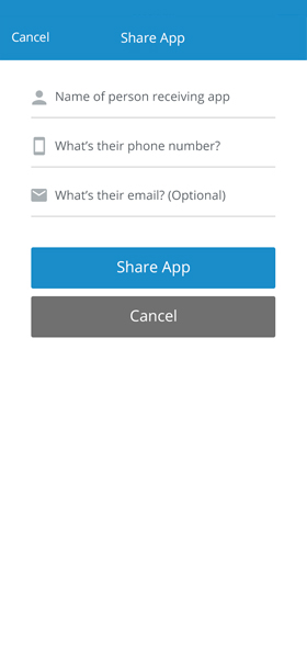 Final visual design of the Share App form with fields for the recipient's name, phone number, and optional email