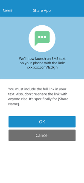 Final visual design of the Share App confirmation screen explaining an SMS text with the app link will launch
