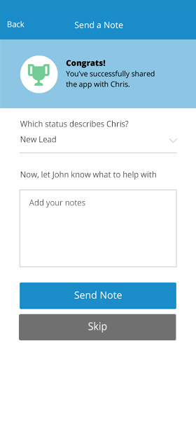 Final visual design of the Send a Note screen with a status dropdown and a notes field about the contact