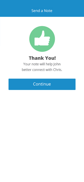 Final visual design of a thank you screen confirming the note will help the referrer connect with the contact