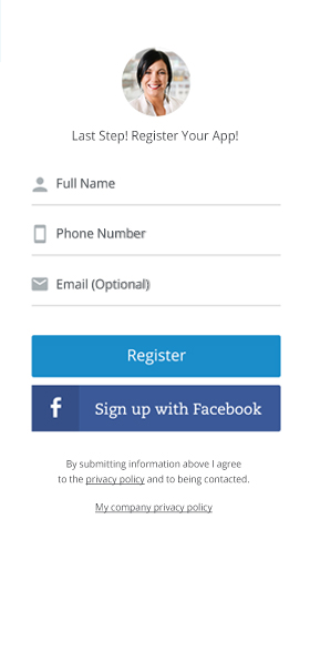 Final visual design of the final registration step with a profile photo, full name, phone number, email, and a Facebook signup option