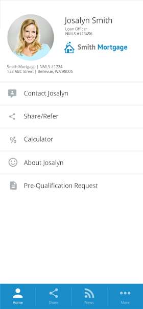 Final visual design of the app home screen with the loan officer's profile, contact options, calculator, and a bottom navigation bar