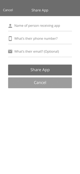 Wireframe of the Share App form with fields for the recipient's name, phone number, and optional email