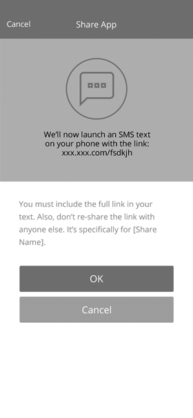 Wireframe of the Share App confirmation screen explaining an SMS text with the app link will launch