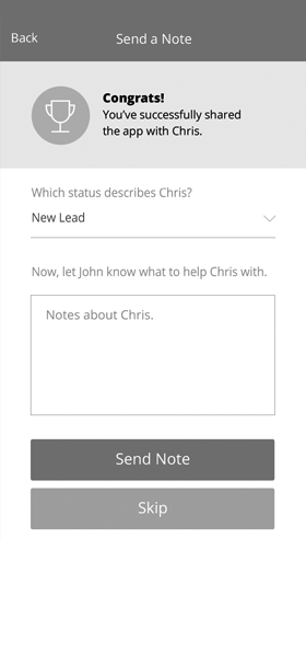 Wireframe of the Send a Note screen with a status dropdown and a notes field about the contact