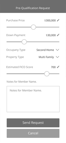 Wireframe of the Pre-Qualification Request calculator with sliders for purchase price, down payment, and FICO score