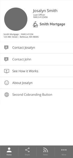 Wireframe of the app home screen with the loan officer's profile, contact options, and a bottom navigation bar