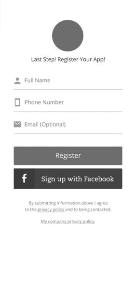 Wireframe of the final registration step with fields for full name, phone number, and email, plus a Facebook signup option
